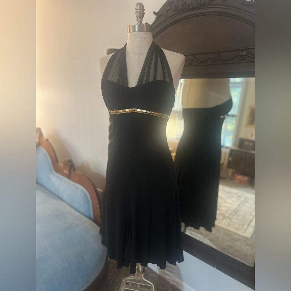 VTG APNY Black Gold Sequin Sheer Halter Dress Size Small